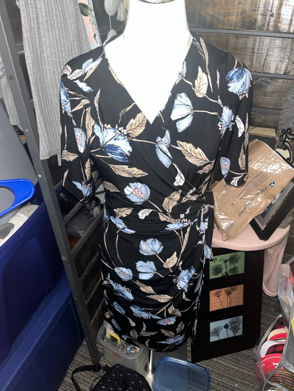 Motherhood Black Wrap Midi Dress with Light Blue Floral and Beige Leaves